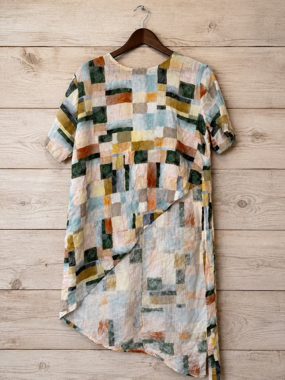GiGio USA Linen Tencel Abstract Print Asymmetrical Long Tunic Top Women’s L